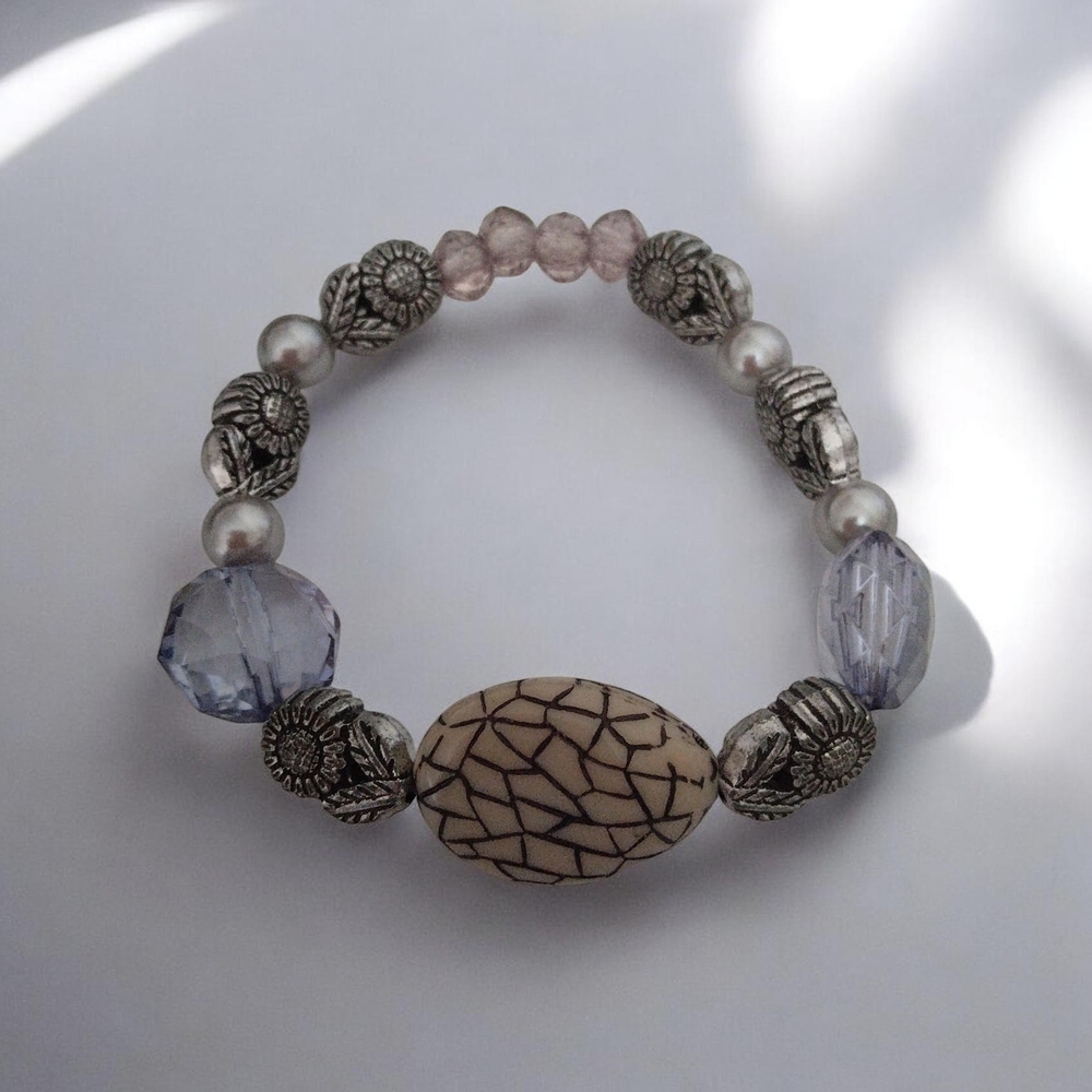 Vintage-Inspired Silver and Tan Beaded Bracelet